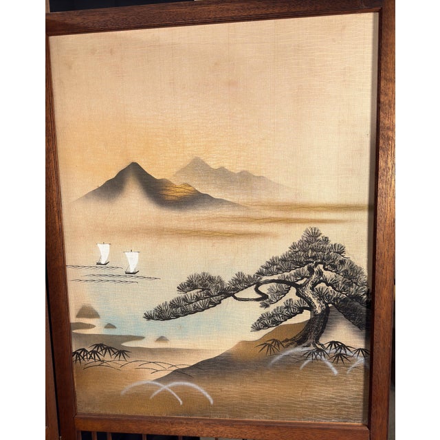 Japanese Japanese Four-Panel Teak Room Divider Screen With Silk Landscape Panels and Asanoha Fretwork For Sale - Image 3 of 10
