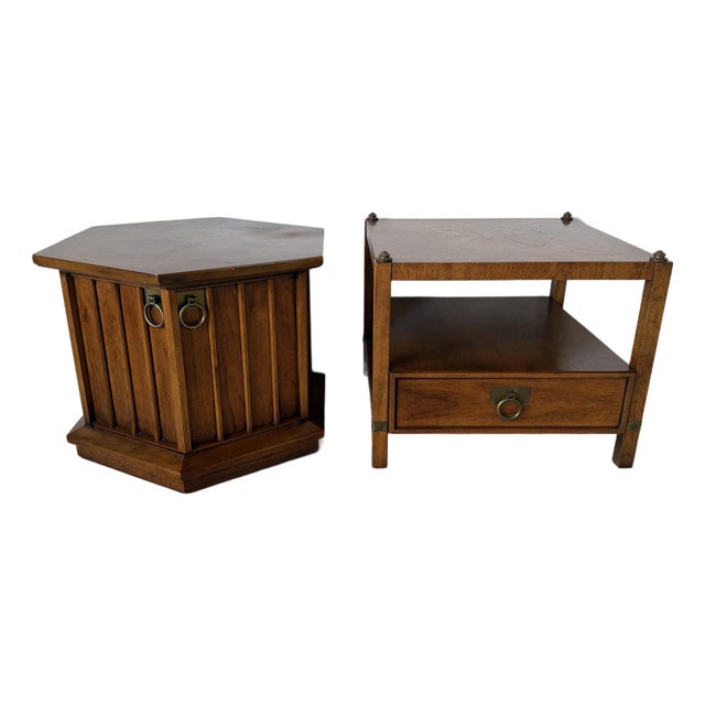 Vintage Henredon Hexagonal and Square Accent End Tables With Brass Details – A Pair For Sale