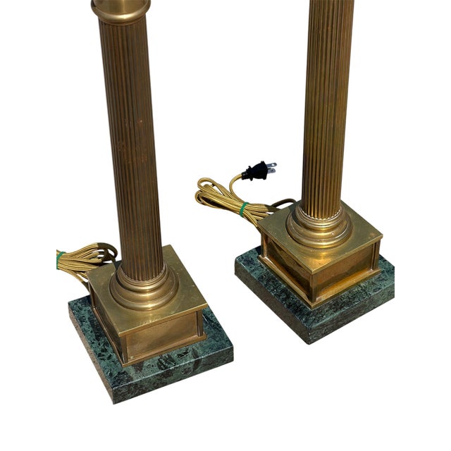 Vintage Chapman Lamps, Heavy Brass Columns and Heavy Marble Bases. New Wire and Socket - Pair For Sale In Dallas - Image 6 of 7