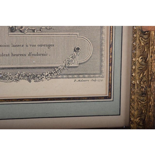 French Antique Hand-Colored Engraving "Le Boudoir," P. Malœuvre After Freudenberg, 1774, Carved Giltwood Frame For Sale - Image 3 of 9