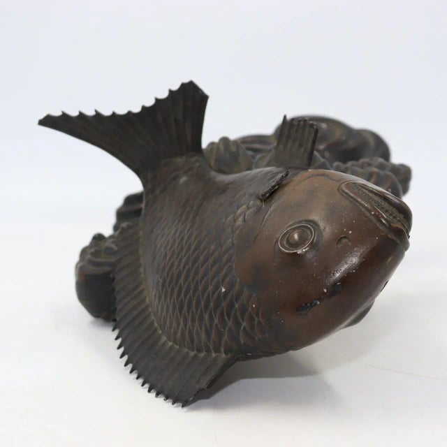 Meiji Early 1900s Japanese Bronze Fish Carp Sea Bream Koi Waves Sea on