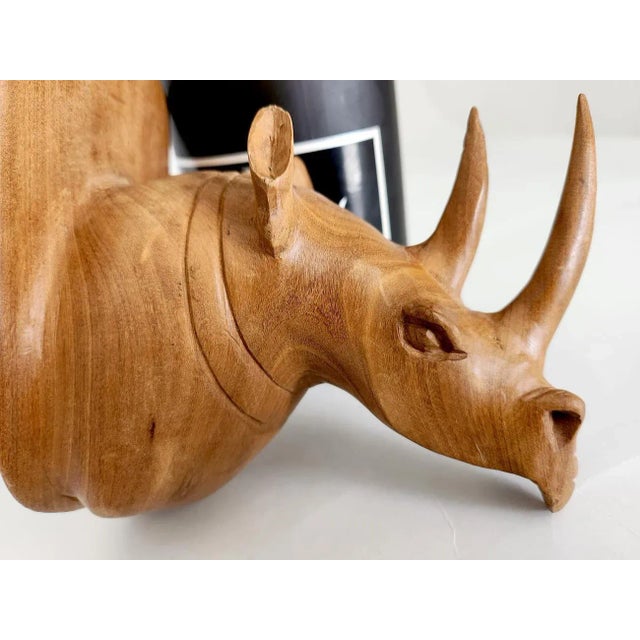 Chestnut Vintage Hand Carved Teak Wood Rhinoceros Head Wall Plaque For Sale - Image 8 of 10