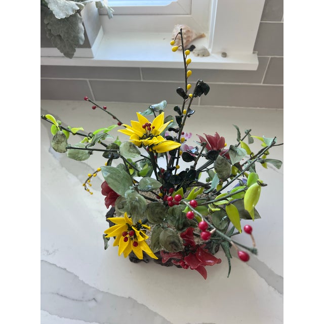 1970s Mid Century Gemstone & Jade Floral Arrangement For Sale - Image 5 of 9