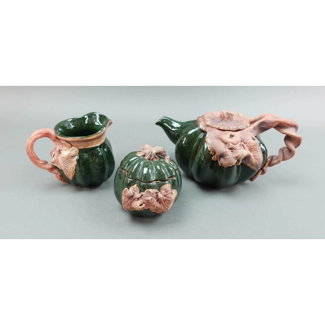 Ceramic Terrafirma Usa Lse 2001 Studio Pottery Clay Leaves Teapot Sugar Creamer Set- 3 Pieces For Sale - Image 7 of 7