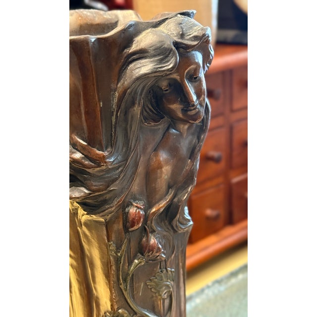 Early 20th Century Early 20th Century Early Patinated Bronze Art Nouveau Vase With Maiden & Floral Design by Francesco Flora For Sale - Image 5 of 17