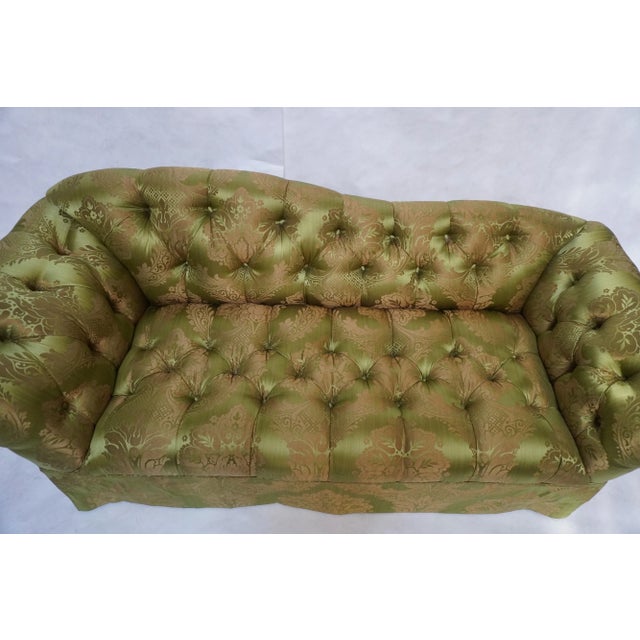 2010s Pair of Custom Curved Back Tufted Damask Sofas Includes Additional Silk Velvet Slipcovers For Sale - Image 5 of 18