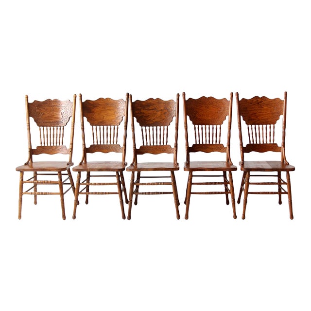 Vintage Oak Dining Chairs Set of 5 For Sale