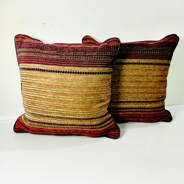 Ralph Lauren 1980s Vintage Boho Chic Southwestern Ralph Lauren Jewel Tone Cut Striped Chenille Decorative Pillows - A Pair For Sale - Image 4 of 13