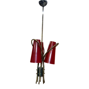 1950s French Chandelier Red Triple Cone Pendant Style of Pierre Guariche France