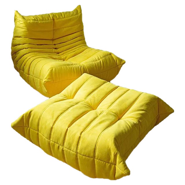 Set of Yellow Microfiber Togo Lounge Chair and Pouf by Michel Ducaroy for Ligne Roset For Sale