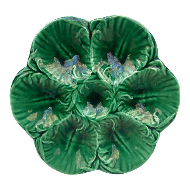 French Green Majolica Oyster Plate Luneville, Circa 1940 For Sale