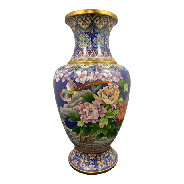 Large 20" Chinese Cloisonne Enamel Vase Cobalt Blue Birds Cherry Blossom Vintage For Sale