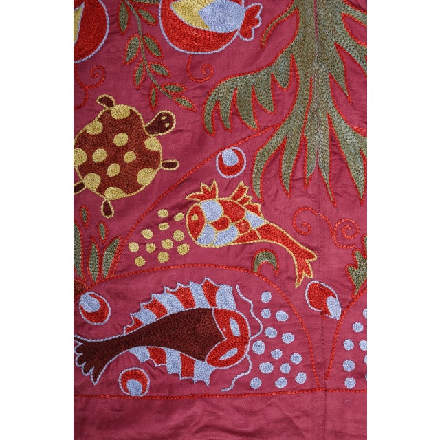 Textile Suzani Wall Decor With Tree of Life Fish Pictorial Motifs 3'2'' X 6'4'' For Sale - Image 7 of 8
