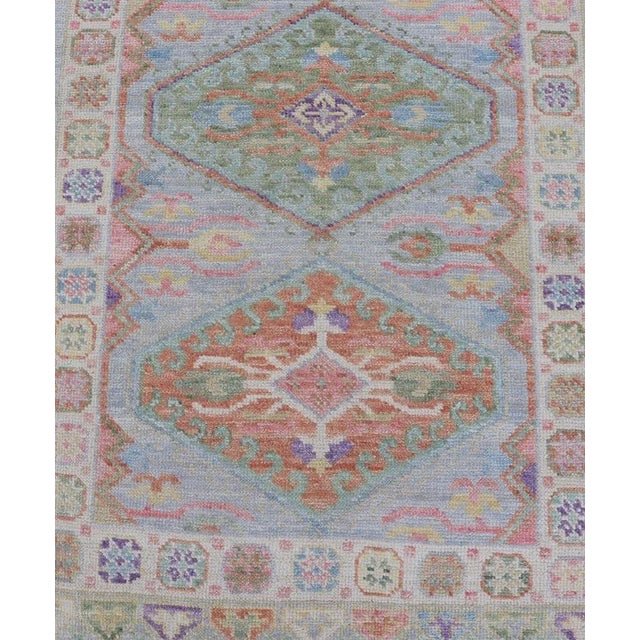 Colorful Modern Oushak Runner With Diamond Medallions and Multi-Tier Border For Sale In Atlanta - Image 6 of 12