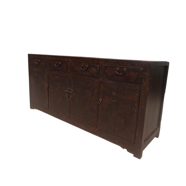 Chinese Circa 1926 Antique Chinese Dark Brown Painted Sideboard With Four Drawers and Four Doors For Sale - Image 3 of 9