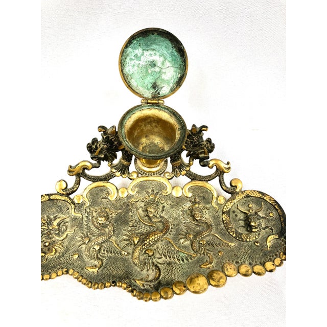 Antique Asian Design Brass Inkwell With Pen Tray For Sale In Dallas - Image 6 of 11