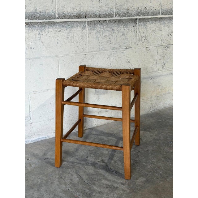 Oak Stool With Woven Cord Seat Rustic Scandinavian Vintage Mid-Century Modern 1970s For Sale In Los Angeles - Image 6 of 10