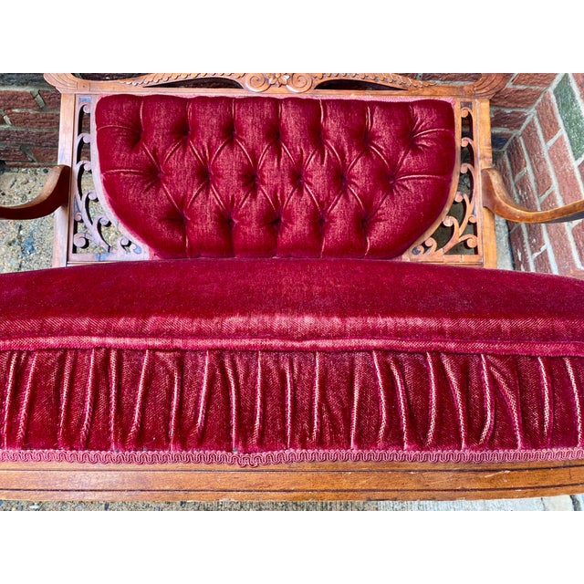 Vintage Victorian-Style Wine Red Velvet Loveseat For Sale - Image 9 of 17