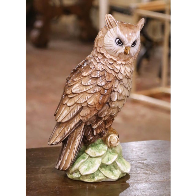 Charming and expressive, this antique Italian ceramic sculpture captures the alert presence of an owl in striking detail....