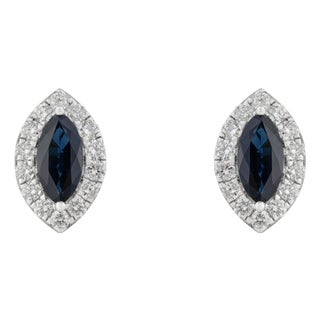 14k White Gold 3.32ct Marquise Blue Sapphire & Diamond Earrings- 2 Pieces For Sale
