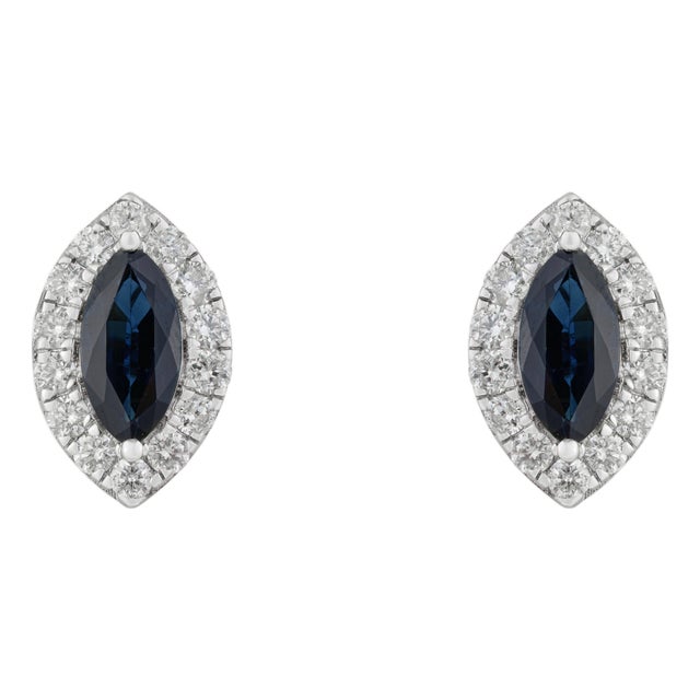 14k White Gold 3.32ct Marquise Blue Sapphire & Diamond Earrings- 2 Pieces For Sale