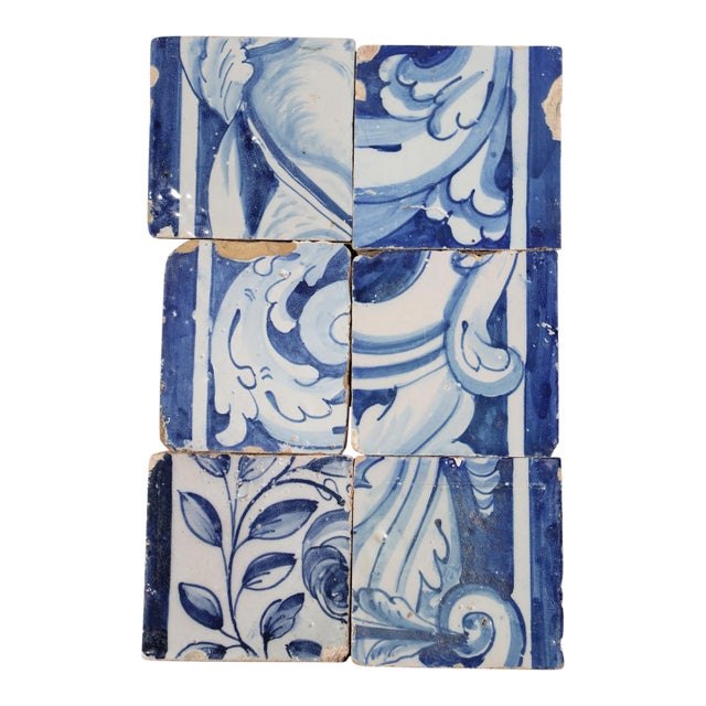 Antique 18th Century Portuguese Blue & White Tiles Featuring Ornamental Acanthus Curves Set of 6 For Sale