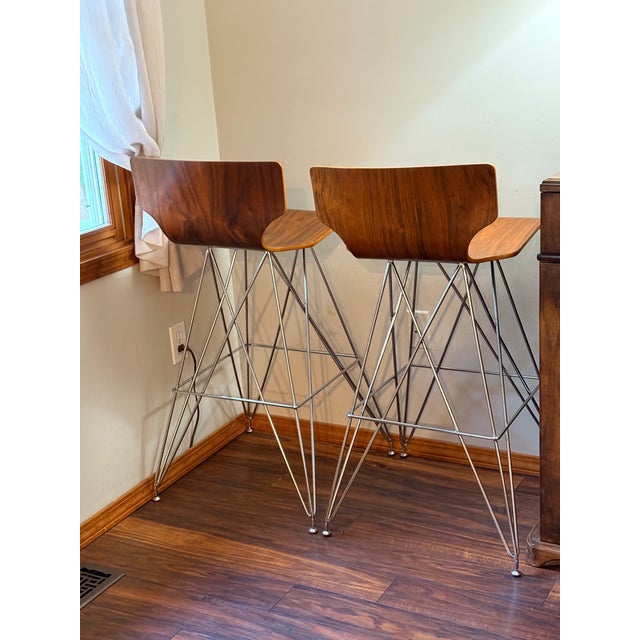 Pair of Vintage "Eiffel Tower" Chrome and Bent Wood Bar Stools For Sale - Image 11 of 11