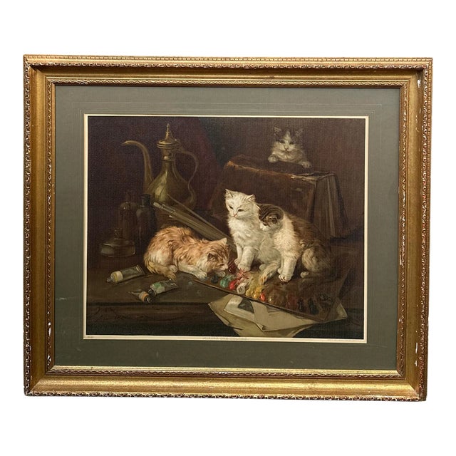 Victorian Framed Chromolithograph Mixing the Colors Cats Kittens Painting by Alfred De Neuville For Sale