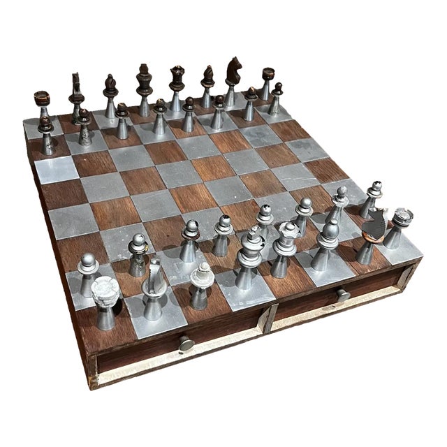 1960s Modernist Striking Chess Game Set Aluminum and Walnut Wood For Sale