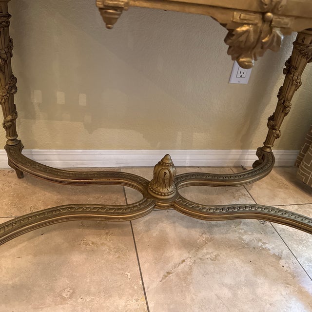 French Antique Louis XVI Marble Top Intricately Carved Gilt Wood Table For Sale - Image 3 of 9