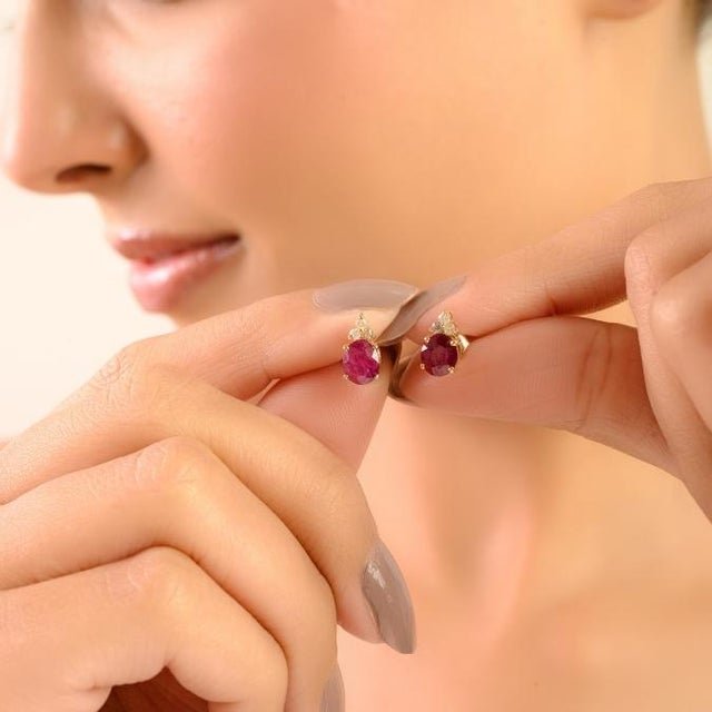 1.75 Ct Oval Cut Ruby and Diamond Crown Stud Earrings in 14k Gold- A Pair For Sale In New York - Image 6 of 16