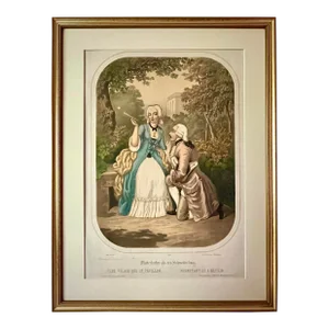 Antique French Color Lithograph of Romantic Couple and Butterfly by Jean-Frédéric Wentzel 1865