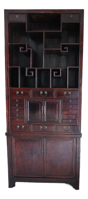 Antique Chinese Curio Cabinet With Display Shelves and Multiple Drawers