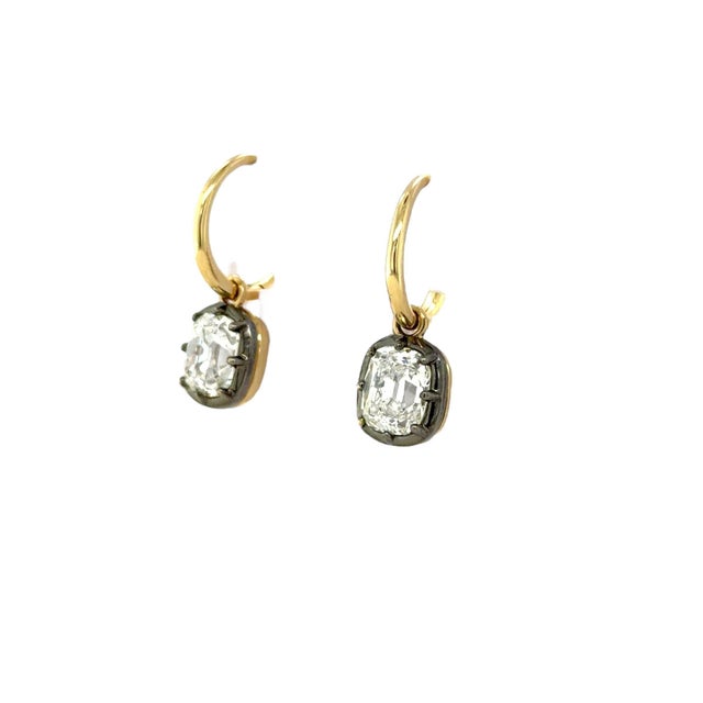3.00 Carats Old Mine Cut Diamond Drop Hoop Earrings, Pair For Sale - Image 4 of 9