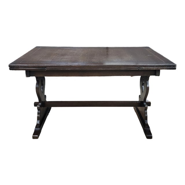 Mid 20th Century English Oak Trestle Base Drawerleaf Dining Table For Sale