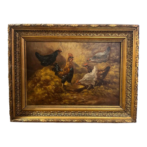 Antique Oil Painting Cockerel & His Hens Paul Henry Schouten 1860-1922
