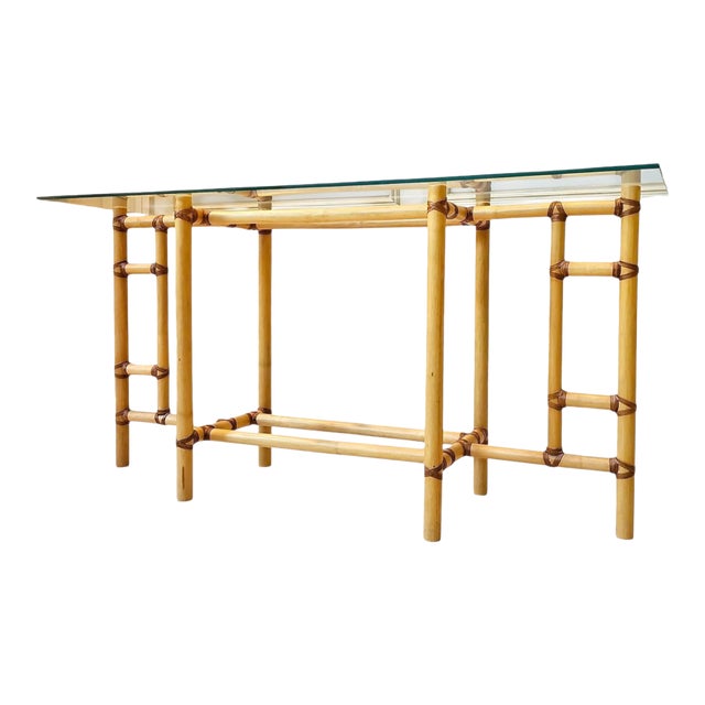 1970s McGuire Style Mid-Century Bamboo Glass Console Table For Sale