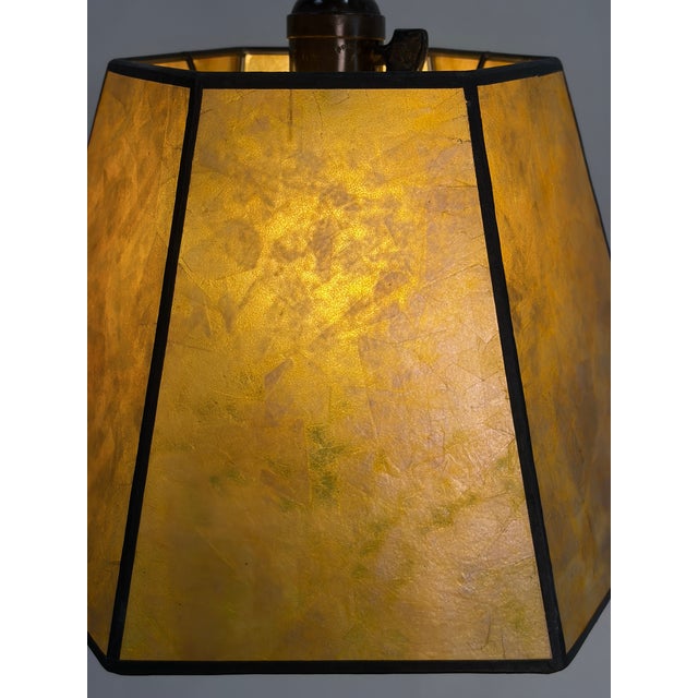 1910s Elaborate Bent Brass and Wrought Iron Spanish Revival Floor Lamp With Golden Mica Shade For Sale - Image 11 of 11