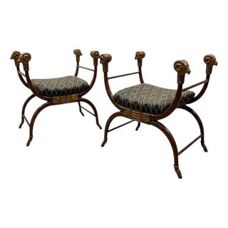20th-C. Neo-Classical Style Ram Appointed Fruitwood & Gilt Benches / Ottomans -2 For Sale