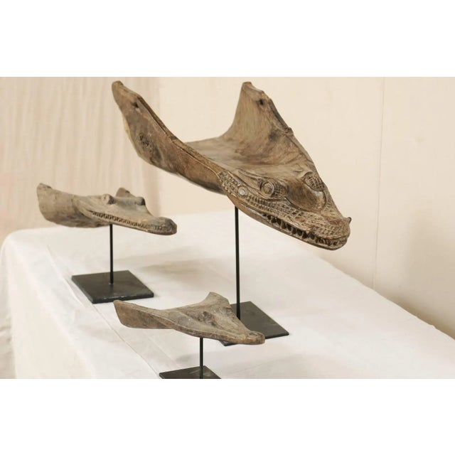 Carved Wood Crocodile Head Boat Prows on Stands, Papua New Guinea - Set of 3 For Sale - Image 4 of 11