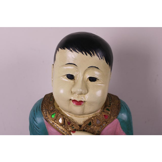 Mid 20th Century Wood Carved Seated Asian Baby Jeweled Lacquered Sculpture, Thailand For Sale - Image 4 of 11
