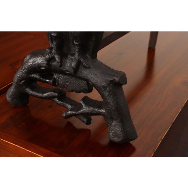 Vintage Cast Iron Perched Owl Andirons With Blue Green Glass Eyes For Sale - Image 18 of 18