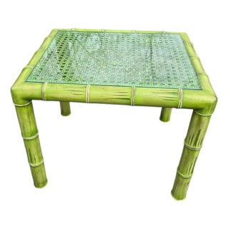 1960s Faux Bamboo Wood Carved Cane Side Table For Sale