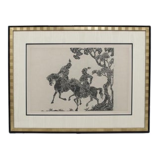 Traditional Chinese Warriors on Horseback Framed Rubbing on Paper For Sale