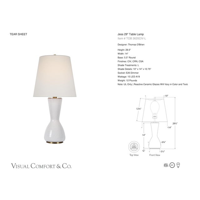 Thomas O'Brien by Visual Comfort Signature Jess 29" Table Lamp in Crackled Ivory with Linen Shade Designer: Thomas O'Brien...