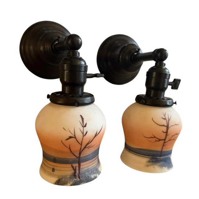 Cabin Pair of Antique Hand Painted Tree and Lake Scene Wall Sconces For Sale - Image 3 of 8