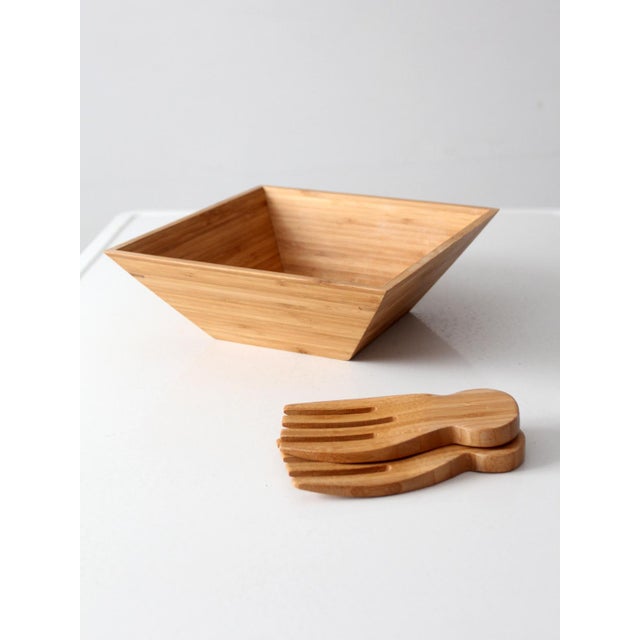 Vintage Bamboo Salad Serving Bowl With Hand Shaped Serving Utensils For Sale - Image 6 of 18