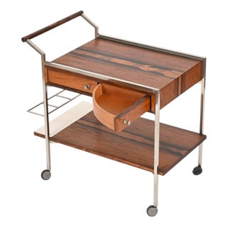 Serving Bar Cart with Drawers in Rosewood and Chrome by George Coslin, Italy, 1950s For Sale