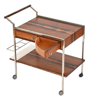 Serving Bar Cart with Drawers in Rosewood and Chrome by George Coslin, Italy, 1950s