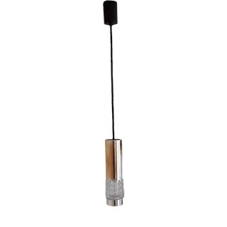 German Cylindrical Ceiling Lamp in Chromed Metal with Relief Glass Insert & Black Plastic Mount from Kaiser, 1970s For Sale